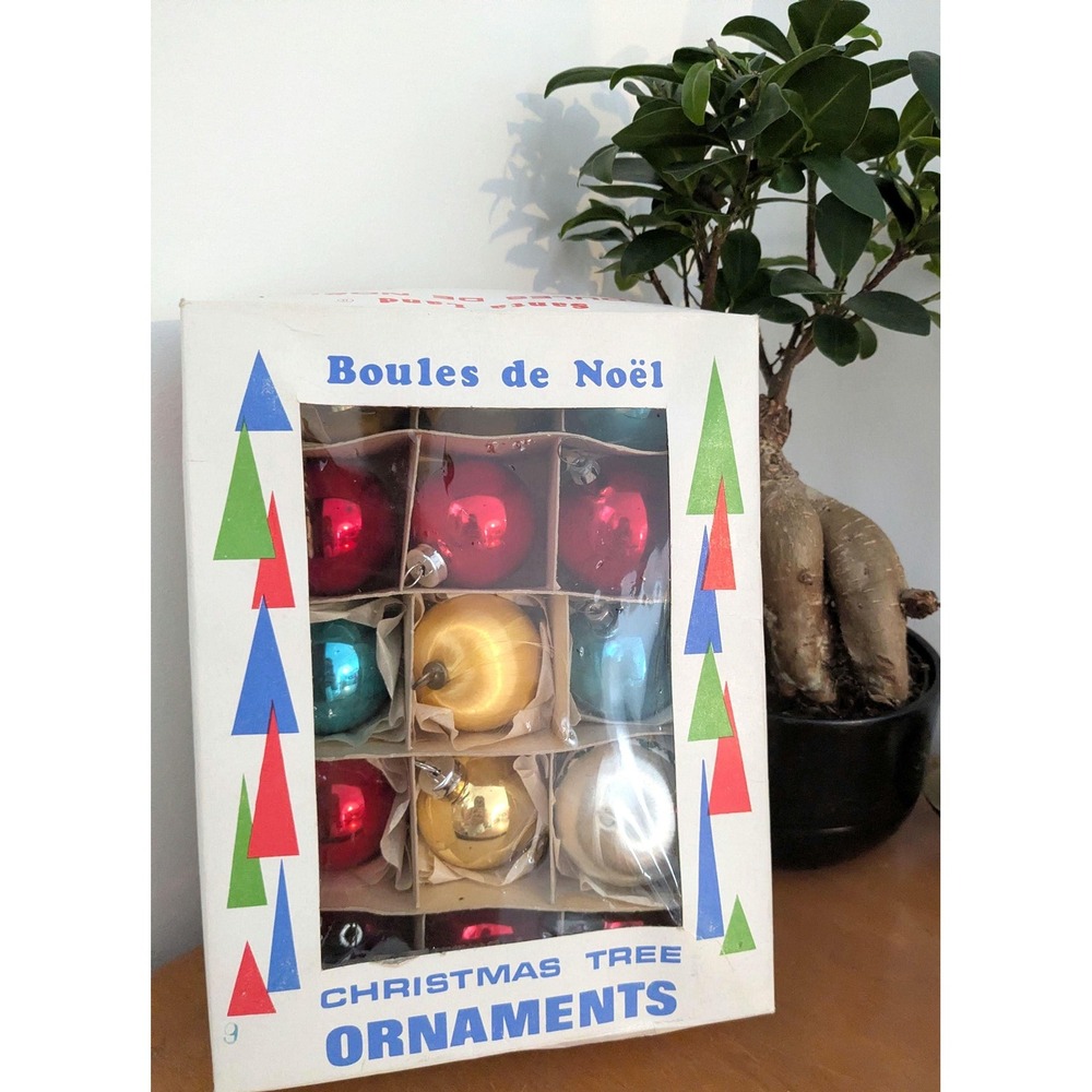 Vintage Glass Christmas Ornaments Set in Original Box, Red Gold Blue Baubles